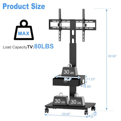 Rolling TV Stand With Drawer, TV Stand Cart On Wheels For 30-75 Inch TVs, view 3
