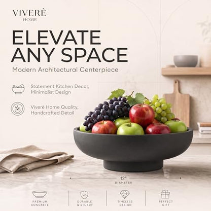 12" Concrete Extra Large Fruit bowl for Kitchen Counter, Coffee Table Decor, Decorative Key Bowl, Home Décor Accents, Kitchen Counter Decor Black