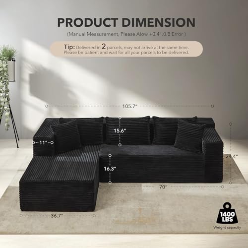 Modular Sectional Sofa Cloud Sectional Couch, 106" Comfy L Shaped Black Couches for Living Room,Oversized Sofa Sleeper with Deep Seat, No Assembly Required