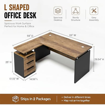 63" Modern L Shaped Executive Desk with Lockable Drawer, view 3
