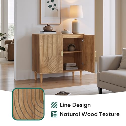 Oak Sideboard Cabinet, Freestanding Buffet Cabinet with Line Groove Design, view 6