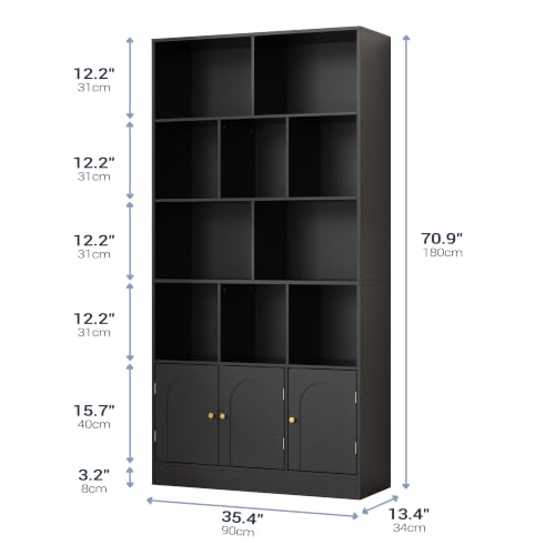 Modern Black 4-tier bookshelf with open shelves and doors, view 3