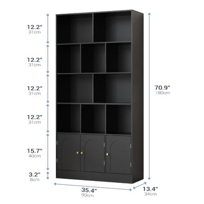 Modern Black 4-tier bookshelf with open shelves and doors, view 3