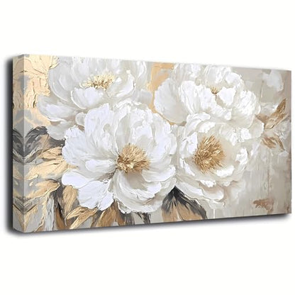 Platinum Peony Picture Print Canvas Wall Art Living Room Office Bedroom Wall Decor Floral Wall Art Prints Modern Gold White Landscape Artwork Waterproof Ready to Hang - 20x40 inches