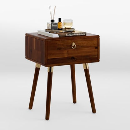 Alden Solid Wood Nightstand/Side Table/End Table, Fully Assembled, with 1-Drawer for Mid Century Bedroom and Living Room, (12mm), Dark Chocolate