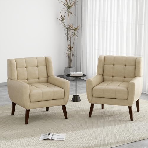 Faux Leather Accent Chair, Modern Upholstered Club Arm Chair for Living Room, Comfy Armchair Single Sofa Seat with Solid Wooden Legs (Cream)