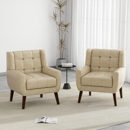 Faux Leather Accent Chair, Modern Upholstered Club Arm Chair for Living Room, Comfy Armchair Single Sofa Seat with Solid Wooden Legs (Cream)