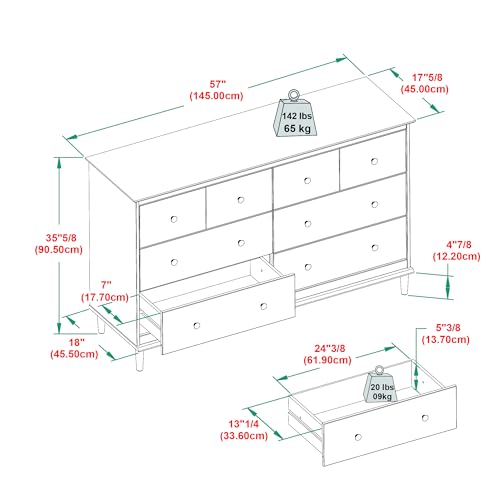 Modern 6-Drawer Solid Wood Dresser Bedroom Storage, 57 Inch, Caramel