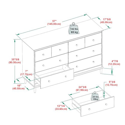 Modern 6-Drawer Solid Wood Dresser Bedroom Storage, 57 Inch, Caramel