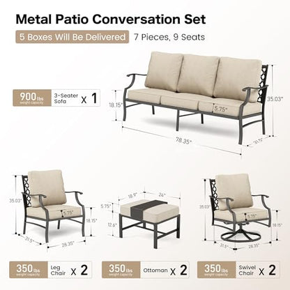 7 Piece Outdoor Patio Furniture Sets Metal Modern Outoor Patio Conversation Set with 5.75" Extra Thick Cushion for Deck Backyard