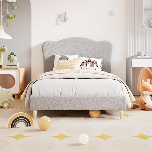 Upholstered Twin Size Bed Frame with Scallop Headboard, Cute Velvet Twin Bed for Girls or Boys, Sturdy Platform Bed with Wooden Slats, No Box Spring Needed, Grey