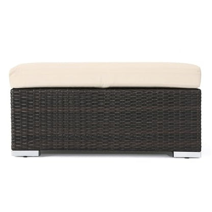 Outdoor Wicker Ottoman with Cushion for Stylish Patio Furniture, Versatile Garden Footrest or Extra Seating, Comfortable and Durable, Beige