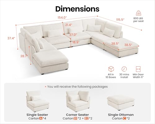 154" Oversized Corduroy Couch Modular Sectional Sofa, Washable Cloud Couch Sectional with 2 Ottoman, 8 Seater Sectional Couches for Living Room, Fully Cover Removable, Corduroy, White