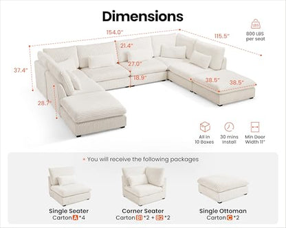 154" Oversized Corduroy Couch Modular Sectional Sofa, Washable Cloud Couch Sectional with 2 Ottoman, 8 Seater Sectional Couches for Living Room, Fully Cover Removable, Corduroy, White