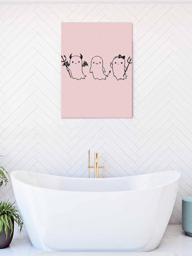 NuYeBiofx Spooky Halloween Ghost on Pink Canvas Wall Art Prints,30"x20" Framed Picture Artwork Cute Black Sketch Printed Canvas Oil Painting for Living Room Bedroom Office,Ready to Hang