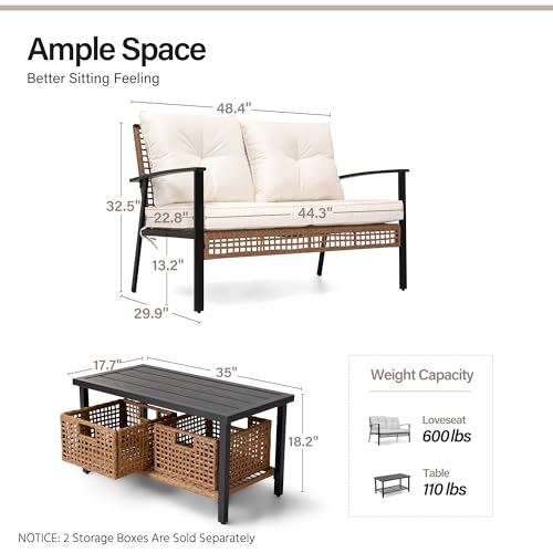 Outdoor Patio Loveseat with Coffee Table Set of 2, 2 Pieces Comfortable Oversized Wicker Furniture Conversation Set, Rattan Bistro Set for Backyard, Porch, Garden and Poolside, Beige
