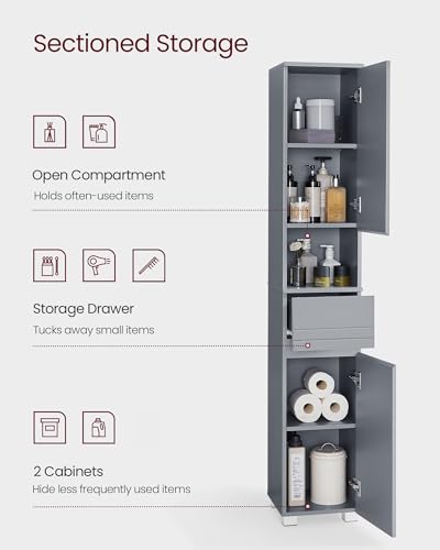 VASAGLE Tall Storage Cabinet, Slim Freestanding Storage Cabinet with a Drawer, Adjustable Shelves, Open Compartment, for Small Spaces, Bathroom, Mystic Gray UBBC560P36