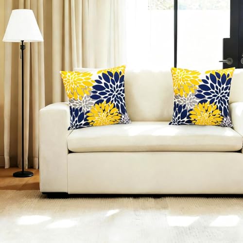 Decorative Throw Pillow Covers Set of 2 Blue Yellow Pillow Covers 18x18 Inch Couch Pillow Covers for Sofa Living Room Outdoor Throw Pillow Cover Linen Floral Flower Farmhouse Pillowcase