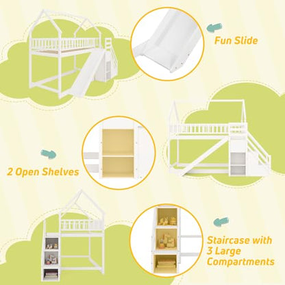 House Bunk Bed Twin Over Twin with Slide & Stairs, Wood Bunk Bed with Storage Shelves, No Box Spring Needed, Twin Floor Bed for Kids Teens Boys Girls (White)