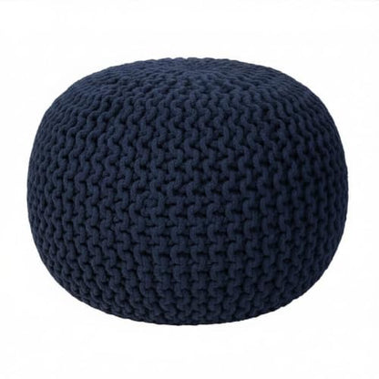 Hand Knitted Upholstered Pouf Cotton Braid Cord Cable Ottoman - Foot Stool - Accent Seat Furniture Bean Bag 18x18x14 Inches - Blue (Navy)