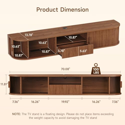 70" Floating TV Stand with Drawer for TVs up to 80", Walnut, view 3