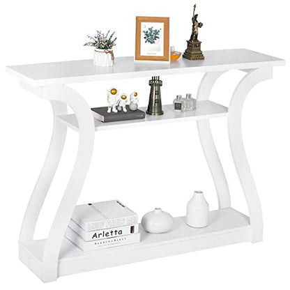 Wood Console Table with Curved Legs and Shelf, 3 Tier Modern Accent Sofa Table for Entryway, Living Room, Hallway, 47 in Wide, Easy Assembly (White)