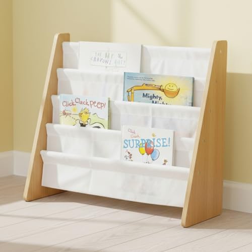 Kids Bookshelf, 4-Tier Front-Facing Book Display Organizer, Montessori Toddler Bookcase for Playroom, Bedroom & Reading Corner, Natural Wood/White