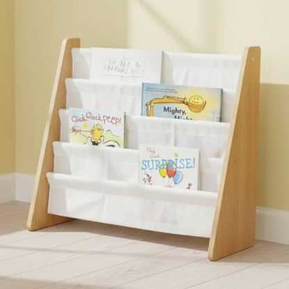 Kids Bookshelf, 4-Tier Front-Facing Book Display Organizer, Montessori Toddler Bookcase for Playroom, Bedroom & Reading Corner, Natural Wood/White