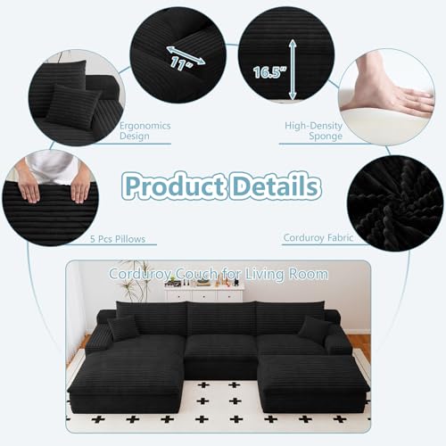 107" Cloud Sectional Couch with U-Shaped Chaise,Corduroy Viral Boneless Sofa with Ottoman,Memory Foam Couches in a Box with Deep Seat for Living Room,No Assembly Required (Black,Left-Facing Chaise)