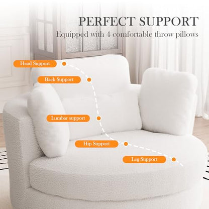 50'' W Oversized Swivel Barrel Chair, Ivory Swivel Accent Chair for Living Room, Round Oversized Arm Chair with 4 Pillows, Deep Seat & Extra Wide, Sherpa