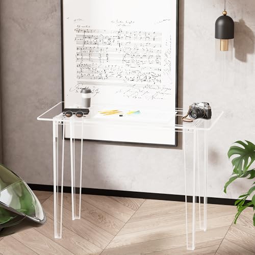 Acrylic Desk, Acrylic Table & Clear Desk - Modern Home Office Study Table, Extended Surface Multi-Purpose Console, Sturdy Lightweight for Small Spaces Transparent Workstation (Transparent-M)