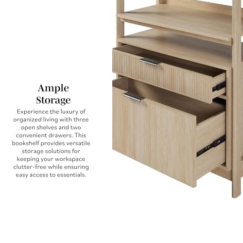 Transitional Open Reeded 4-Shelf Bookshelf with Drawers on Bottom, Versatile Bookcase with Bottom Storage for Home Office, Living Room, Bedroom, 33”W x 16.75”D x 70”H, Coastal Oak