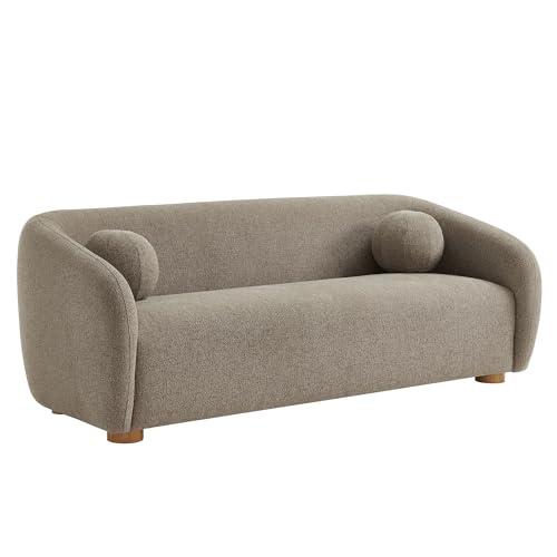 Holland 85 Inch Minimalist Curved Back Sofa in Taupe – Chenille Fabric Sofa with Ball Throw Pillows and Wood Feet – Modern 3-Seater Couch for Living Room