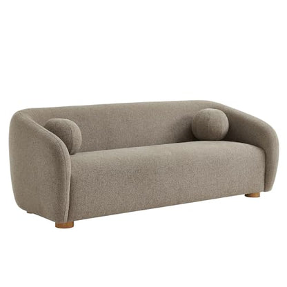 Holland 85 Inch Minimalist Curved Back Sofa in Taupe – Chenille Fabric Sofa with Ball Throw Pillows and Wood Feet – Modern 3-Seater Couch for Living Room