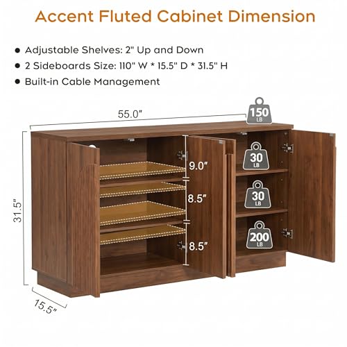 55" Fluted Sideboard Buffet Cabinet with Storage, Wood Mid Century Modern Credenza Cabinet w/Arched Reeded Doors & Adjustable Shelves for Kitchen, Living Room, Entryway, Walnut