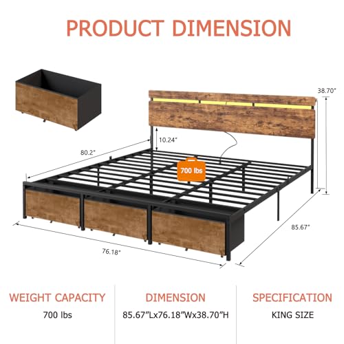 King Size Bed Frame with Wood Headboard,3 Storage Drawers & Shelf, view 3