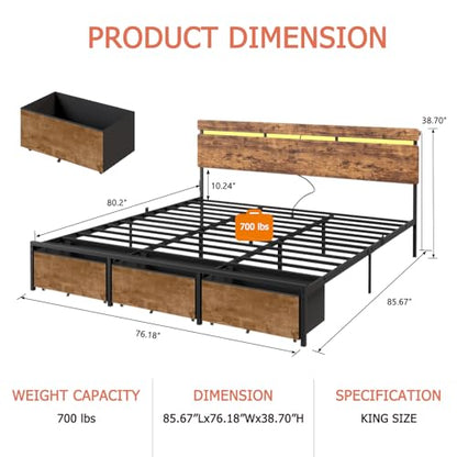 King Size Bed Frame with Wood Headboard,3 Storage Drawers & Shelf, view 3