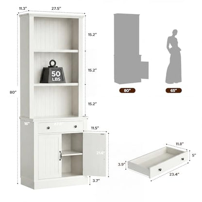 80" Tall Bookshelf with Drawer and Doors, Rustic White Bookcase, view 3