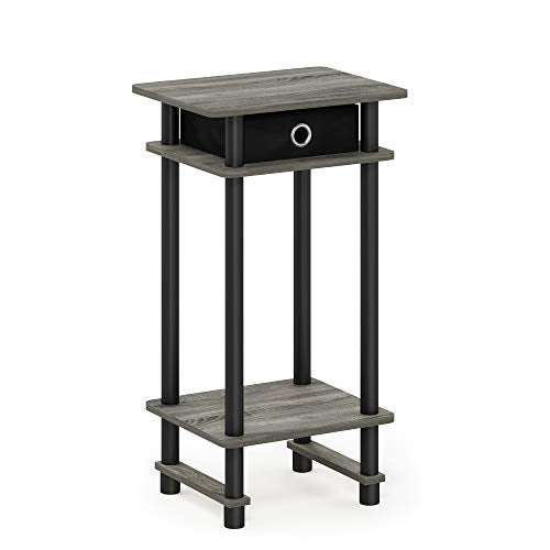 Turn-N-Tube Tall End Table, French Oak Grey/Black/Black | 1x Storage Bin, Tall Narrow Open Shelf Night Stand, Modern Bedside Table, Toolless Assembly, for Living Room, Bedroom