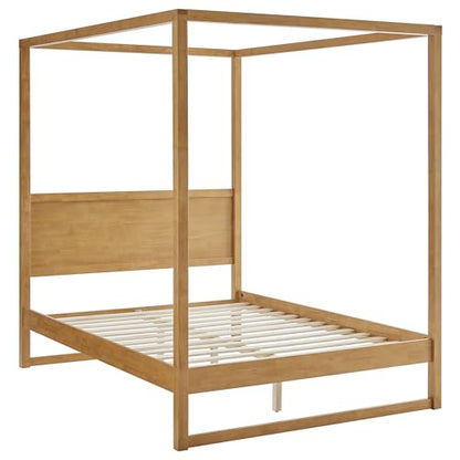 Alva Queen Size 4-Post Wood Platform Canopy Bed in Oak – with with Headboard, view 6