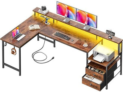 66'' L Shaped Computer Desk with Storage Drawers, Power Outlet, LED, view 2