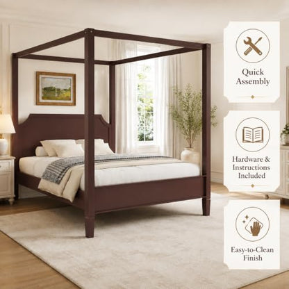 Walnut Queen Size Canopy Bed Frame Solid Wood 4 Poster Canopy Bed, view 7
