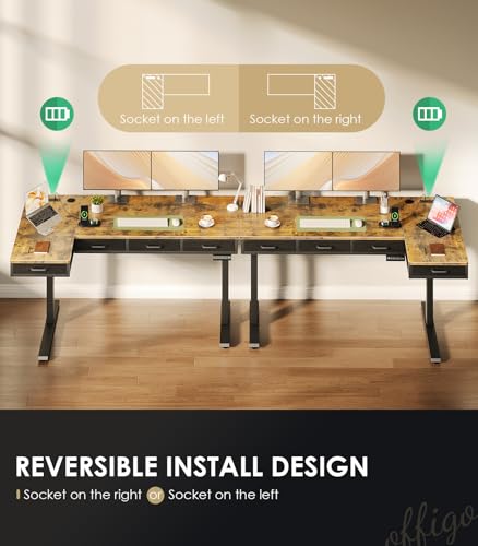 63 Inch L Shaped Electric Standing Desk with 4 Drawers, Rustic Brown, view 7