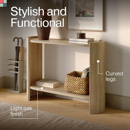 Curved Wood Leg Console Table – Modern Oval Sofa Table with Storage – Mid-Century Narrow Entryway Table – Easy to Assemble Hallway or Living Room Furniture – Light Oak