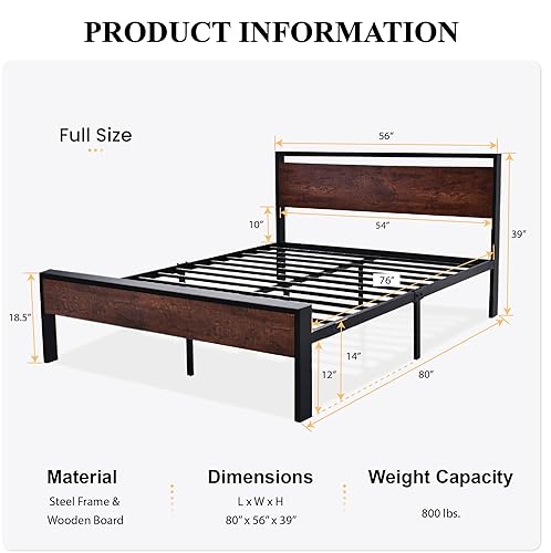 14 Inch Full Size Metal Platform Bed Frame with Wooden Headboard and Footboard, view 3