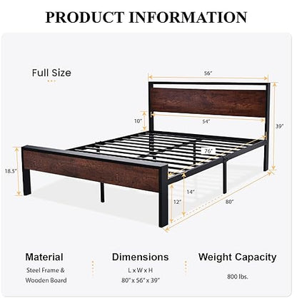 14 Inch Full Size Metal Platform Bed Frame with Wooden Headboard and Footboard, view 3
