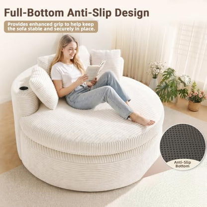 Oversized Round Chair Lounge Chaise, 58'' Corduroy Sofa Bed, Beige, view 6