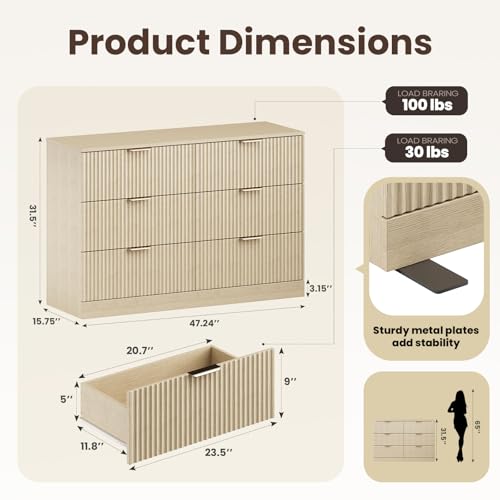 Modern Fluted 6 Drawer Dresser, Wide Wooden Storage Cabinet with Metal Handles, view 3