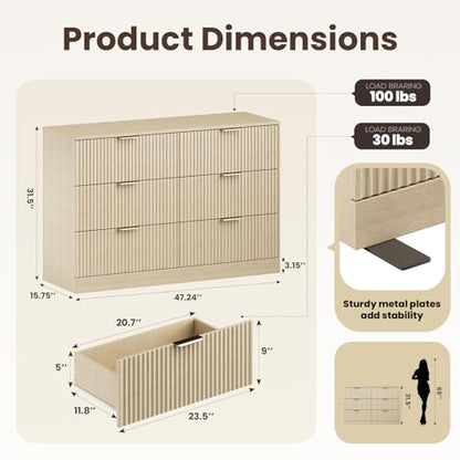 Modern Fluted 6 Drawer Dresser, Wide Wooden Storage Cabinet with Metal Handles, view 3