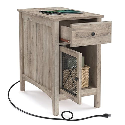 VASAGLE Side Table with Storage, End Table with USB Ports and Outlets, Nightstand with Charging Station, Drawer, Storage Cabinet, Magazine Rack, for Living Room, Bedroom, Greige ULET312T02
